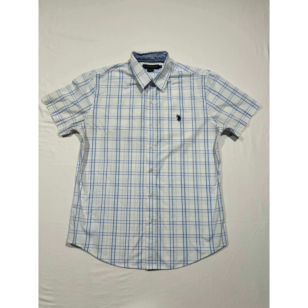 US Polo Assn Mens Medium Short Sleeve Button Down Shirt White Blue Plaid Pocket